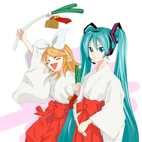 safebooru 2girls aqua hair hatsune miku japanese clothes kagamine rin long hair miko multiple