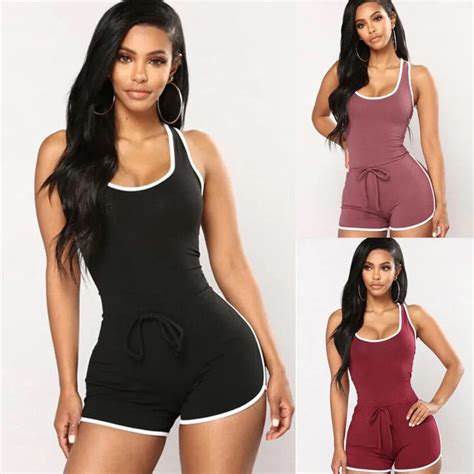 sexy jumpsuit romper bodycon bandage playsuit women s slim short cotton sleeveless o neck casual