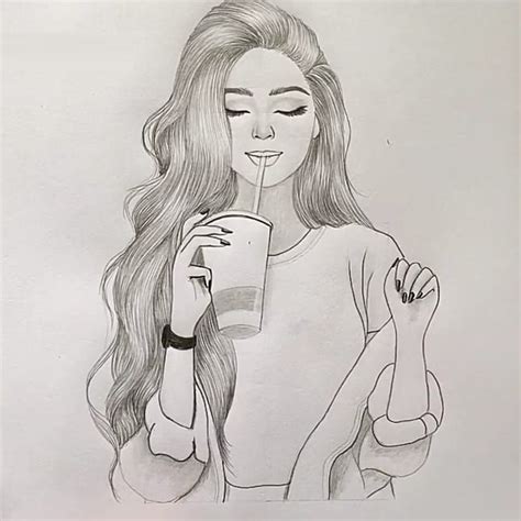 A Pencil Drawing Of A Woman Holding A Drink And Pointing To The Side