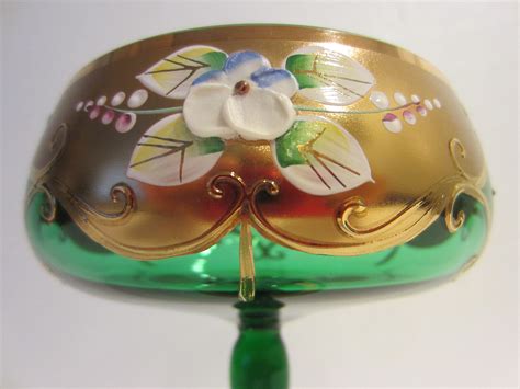 Bohemia Crystal Stem Green Bowls Made In Czech Republic Porcelain Enameling Flowers For Sale
