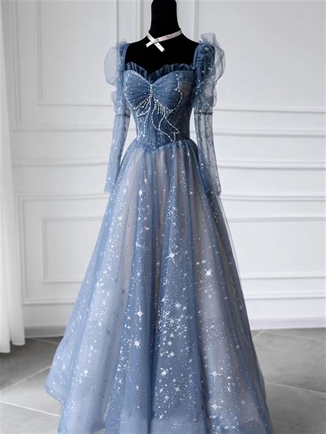 blue prom dress long fairy ball gown dress long sleeves prom etsy