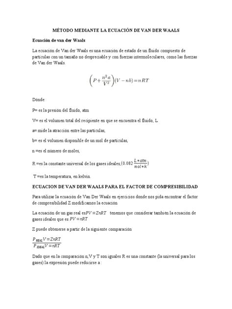 Método Mediante La Ecuación De Van Der Waals Reser 1 Pdf