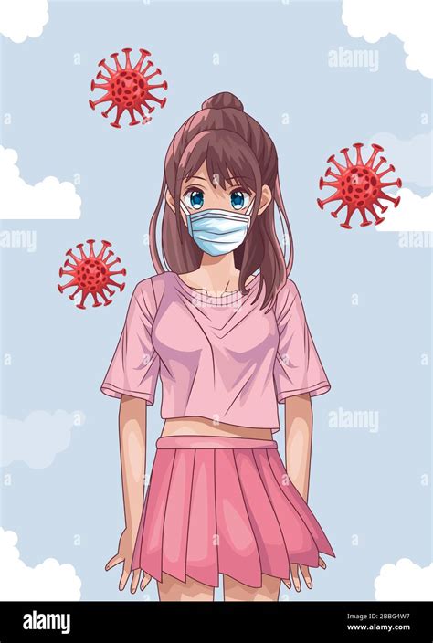 Beautiful Woman With Face Mask And Covid19 Particles Anime Style Stock