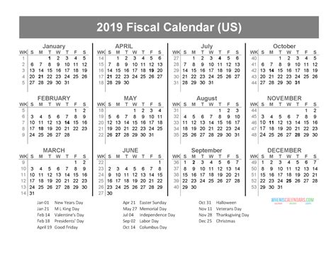 Fiscal Year 2019 Calendar With Us Holidays January To December