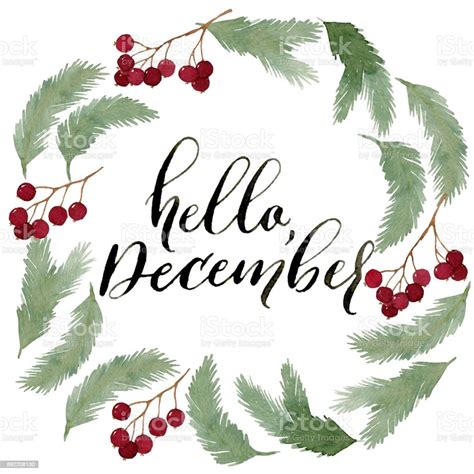 Hello December In Watercolor Pine Tree Branches Wreath Stock ...