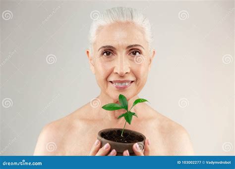 Beauty Portrait Of A Joyful Half Naked Elderly Woman Stock Image