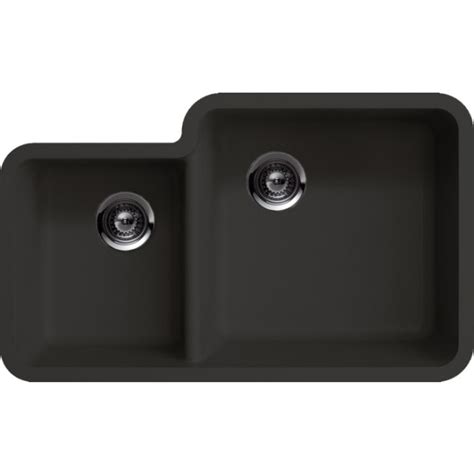 Single bowl kitchen sink in metallic gray. Black Quartz Composite 40/60 Double Bowl Undermount ...