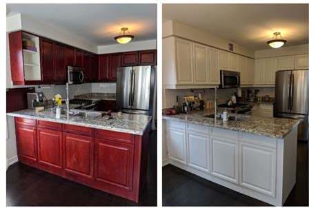 After painting the kitchen cabinets white, kristen cross says she decided to change the way the door opened on this one, which only required drilling new holes. Refinishing And Painting Kitchen Cabinets Before And After ...