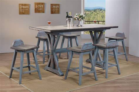 Kris 7 Piece Counter Height Dining Set Distressed Gray And Washed Blue