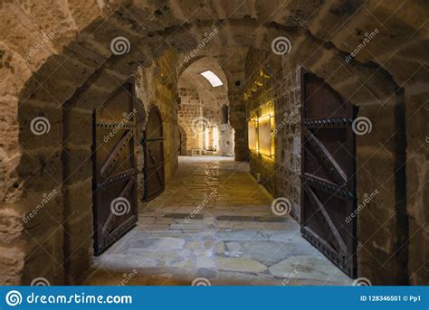 Medieval Castle Fortress Interior Wall Dungeon Dark Canon Balls Stock