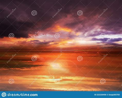 Blue Gold Orange Sunset Dramatic Cloudy Sky Lilac Pink Sea Water