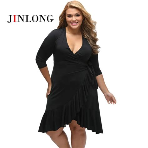 jinlong midi ladies dress plus size xxxl sexy deep v neck ruffles summer 2017 black dress womens
