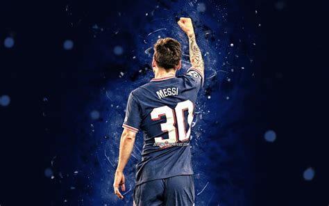 Download Wallpapers K Lionel Messi Psg Back View Paris Saint Germain Blue Neon Lights