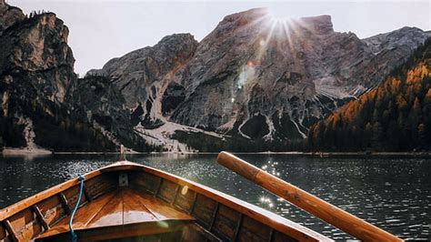 Hd Wallpaper Lake Deck Boat Mountains Mirror Reflection Pragser