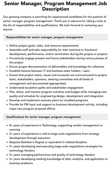 Senior Manager Program Management Job Description Velvet Jobs