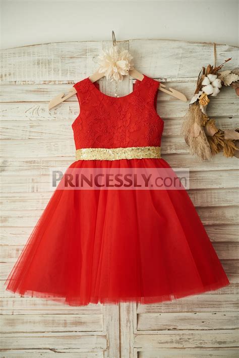 Red Lace Tulle Gold Sequin Beltbow Wedding Flower Girl Dress Christmas