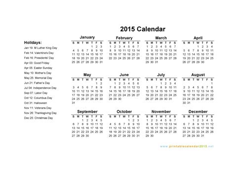 Printable Calendar 2015 Template With Us Holidays Calendar Printables