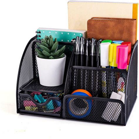 Mesh Office Supplies Desk Organizer 6 Compartments Plus Drawer Black
