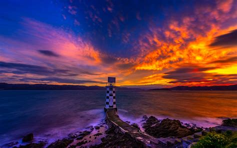Wallpaper Lighthouse Sunset Ocean