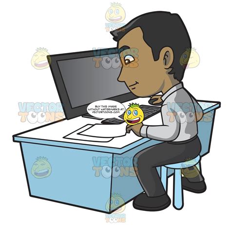 A Contented Guy Entering Data Into His Computer Clipart