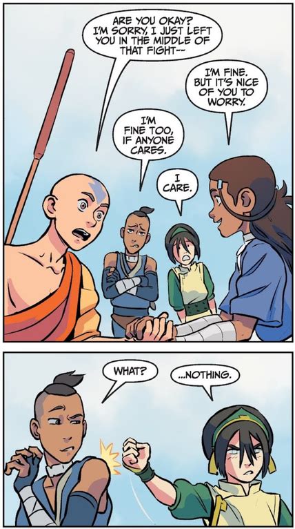 a scene from the comics where toph s crush on sokka is briefly shown thelastairbender in 2020