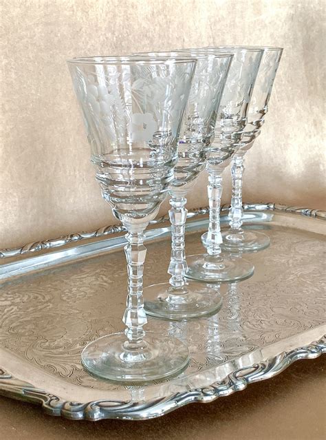 1940s Rock Sharpe Etched Floral Wine Glasses With Tall Wheel Cut Stems Etched Wine Glasses