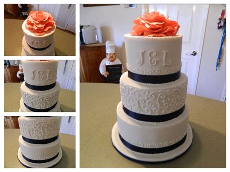 Piped Navy And Coral Wedding Cake Coral Wedding Cakes Wedding Cakes