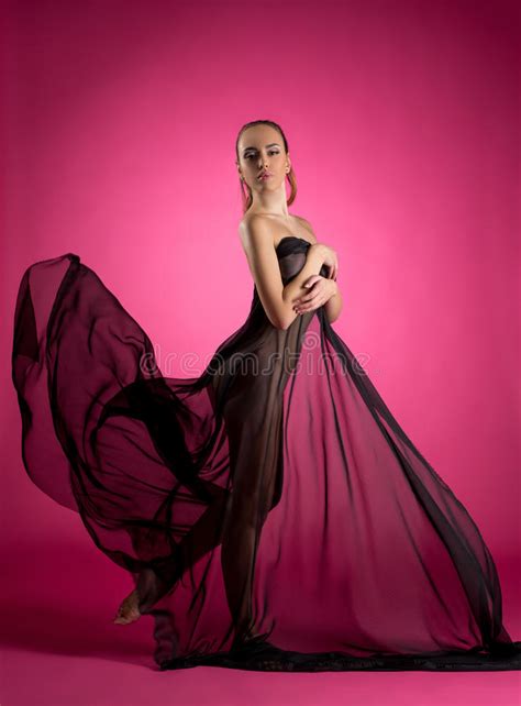 Elegant Nude Model Posing With Flying Fabric Stock Photo Image Of