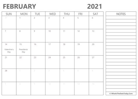 February 2021 Calendar Printable With Notes Blank Calendar February
