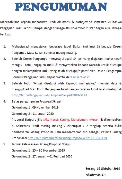 Sebaiknya ambilah judul yang banyak referensi/sumbernya di internet, perpus, dll. PENGUMUMAN PENGAJUAN JUDUL PROPOSAL SKRIPSI FEB - Fakultas ...