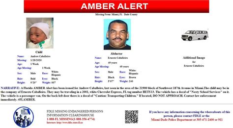 A message that conveys information about a recently missing or abducted person, usually displayed on electronic signs positioned along roadways. AMBER Alert issued out of Miami for missing one-week-old ...