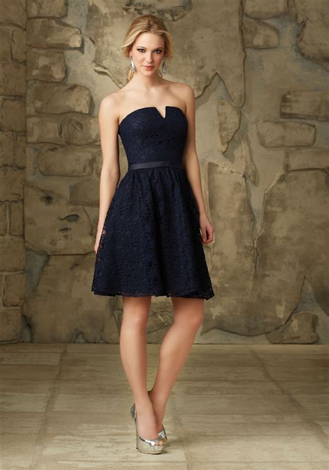 Classic Knee Length Lace Morilee Bridesmaid Dress With Notched Neckline