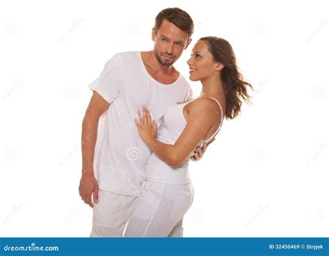 Happy Couple Embracing Wearing White Stock Image Image Of Casual Handsome 32450469