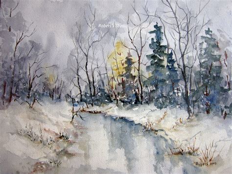 Snowy Winter Landscape Archival Print Watercolor Painting Etsy
