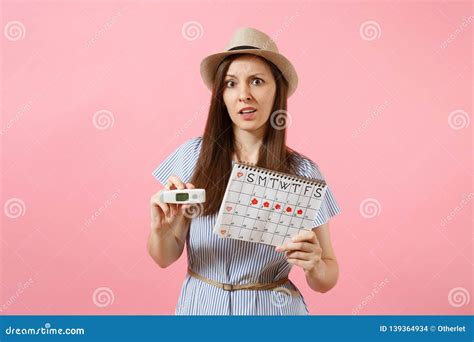 Confused Woman In Dress Hold In Hand Thermometer Female Periods