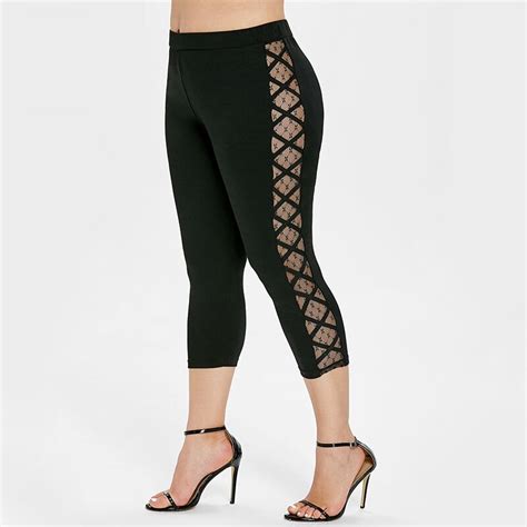 Rosegal Plus Size Lace Insert Criss Cross Leggings Fashion Skinny Solid
