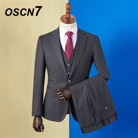 Oscn7 2019 Stripe Custom Made Suits Men Slim Fit Wedding Party Mens