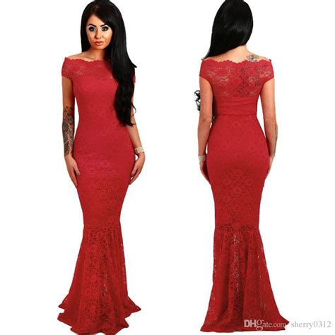 women evening party dress sexy red lace dresses lady off shoulder crochet long mermaid dress