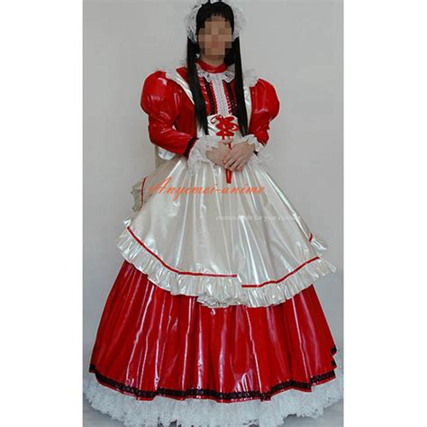 Us 11556 French Sexy Sissy Maid Red White Pvc Lockable Dress Uniform Cosplay Costume Tailor