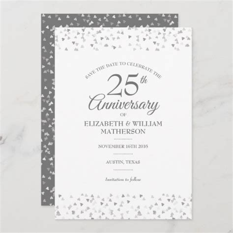 25th Anniversary Save The Date Silver Hearts Invitation