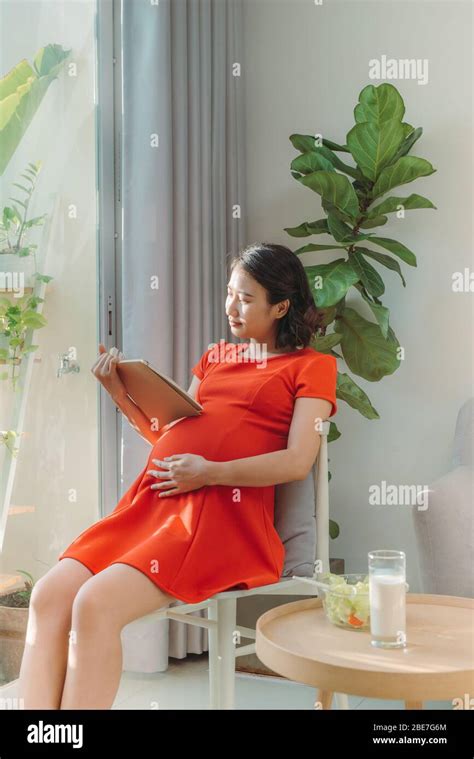 Hermosa Mujer Embarazada Sentada En Una Silla Junto A La Ventana Leyendo Un Libro Y Bebiendo