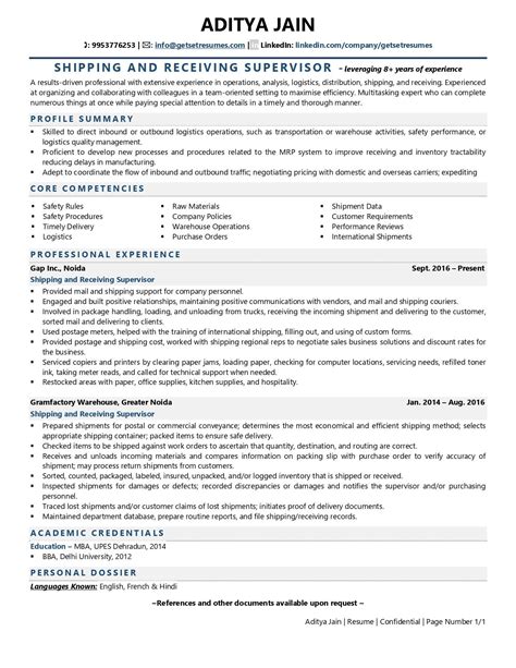 Shipping And Receiving Supervisor Resume Examples And Template With Job