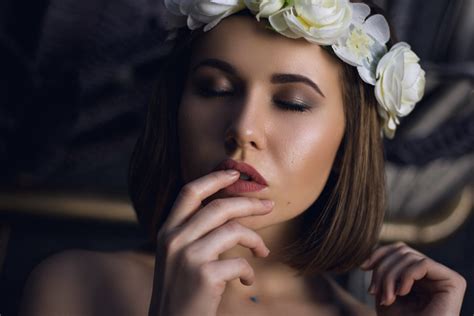 Face Portrait Flowers Closed Eyes Crown Finger On Lips Women