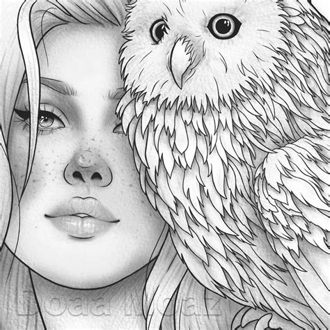 Adult Coloring Page Fantasy Girl Owls Portrait Etsy