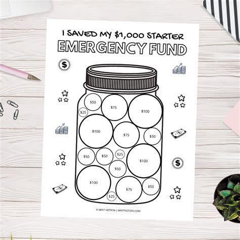 1000 Starter Emergency Fund Printable Mint Notion Shop