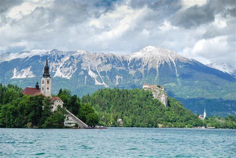 Lake Bled Slovenia Europe Mountains And Valley On Background Stock