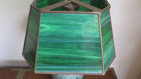 green stained glass table lamp w green raku style ceramic base 19 h