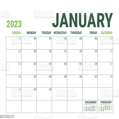 January Planner 2023 Year English Vector Square Calendar Template