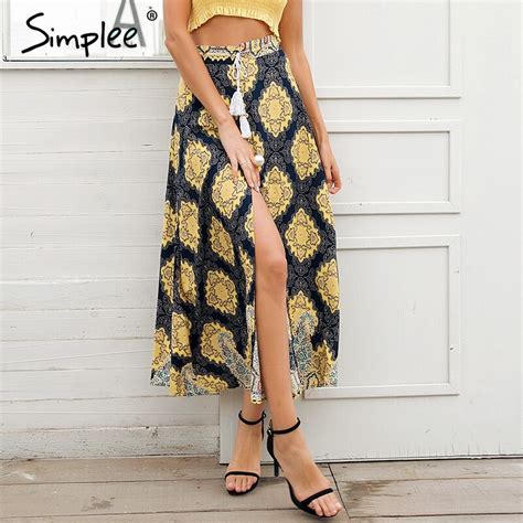 Simplee High Waist Split Print Wrap Skirt Women Summer Beach Casual