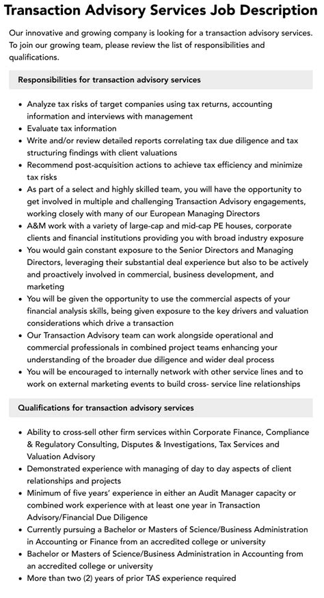 Transaction Advisory Services Job Description Velvet Jobs